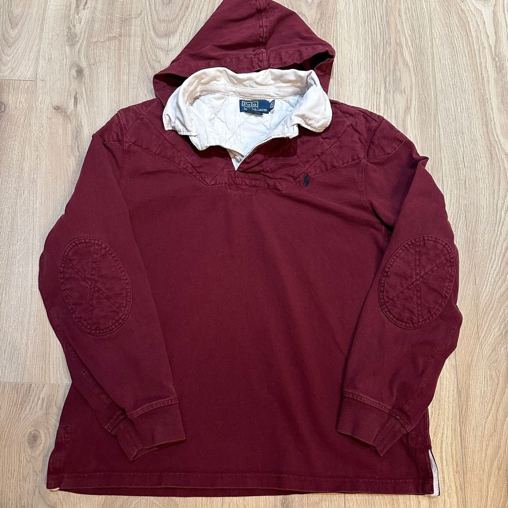 Polo by Ralph Lauren Burgundy Hooded Rugby Pullover with White Collar
